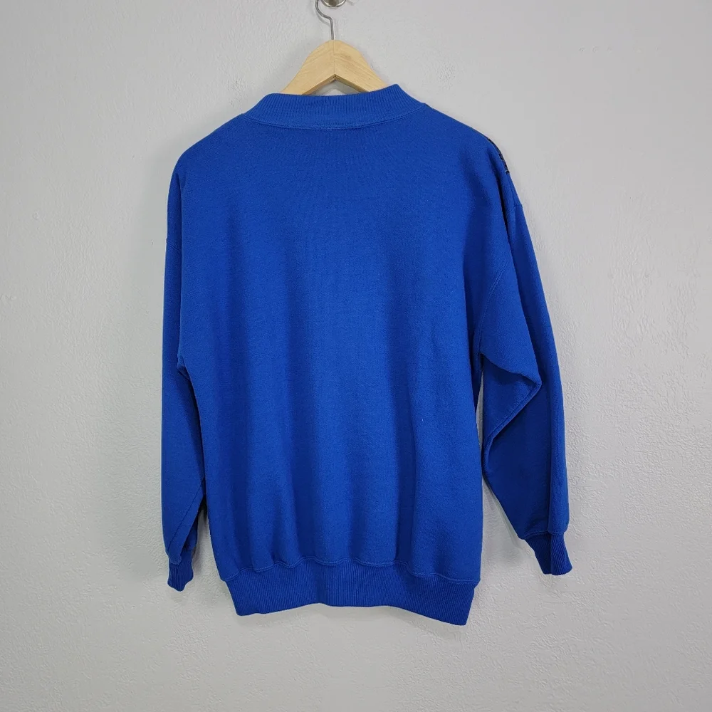 Vintage 80s Extravagannza Mock Neck Abstract Royal Blue Sweatshirt Size Large - Picture 17 of 17